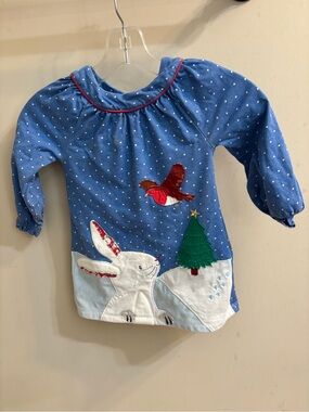 Baby Boden Blue Polka Dot Long Sleeve Dress with Red Trim